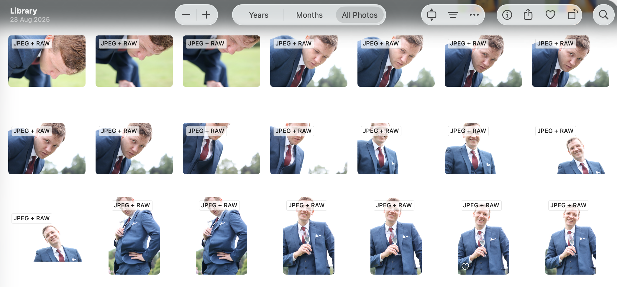 A Finder window full of RAW and JPEG pairs